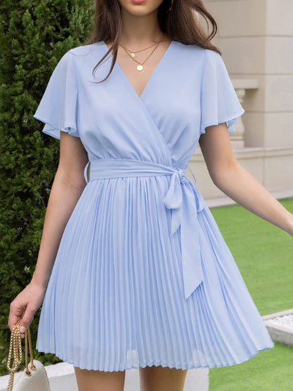 Summer Flowy Mini Dress - V Neck Short Sleeve Pleated Belted