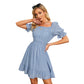 Exlura Women’s High Waist Square Neck Mini Dress Off Shoulder Smocked Puff Short Sleeve Summer Short Ruffle Dress