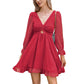 EXLURA Women’s Swiss Dot Flowy Mini Dress V Neck Long Puff Sleeve Tie Back Ruffle Dress Sexy Cottagecore Wedding Guest Dress