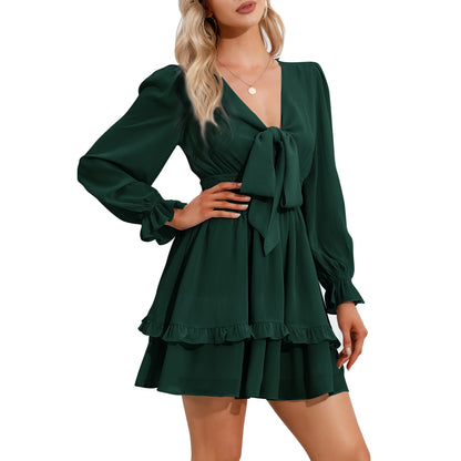 EXLURA Women Tie Front Elastic Waist Tiered Ruffle Layer Floral Balloon Long Sleeve V-Neck A-Line Mini Dress