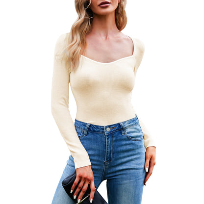 Exlura Women's Square Neck Ribbed Knitted Crop Sweater Long Sleeve Slim Fit Pullover Tops