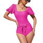 Exlura Women’s Tie Back One Piece Swimsuit Puff Short Sleeve Square Neck Swimwear High Cut Backless Bathing Suit