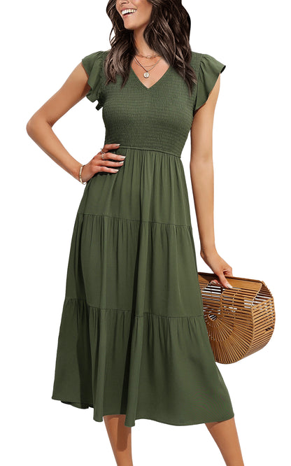 EXLURA Women's Summer Flowy Midi Dress - V Neck Smocked Ruffle Flutter Short Sleeve Boho Wedding Guest Dress