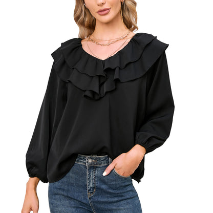 EXLURA Women’s Layered Ruffle Flowy Tops V Neck Long Puff Sleeve Blouses Shirts Casual Dressy Tops