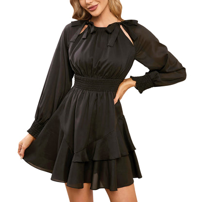 EXLURA Women’s Ruffle Mini Dress Asymmetrical   Long Puff Sleeve Round Neck Smocked Dress Flowy Cocktail Wedding Guest Dress