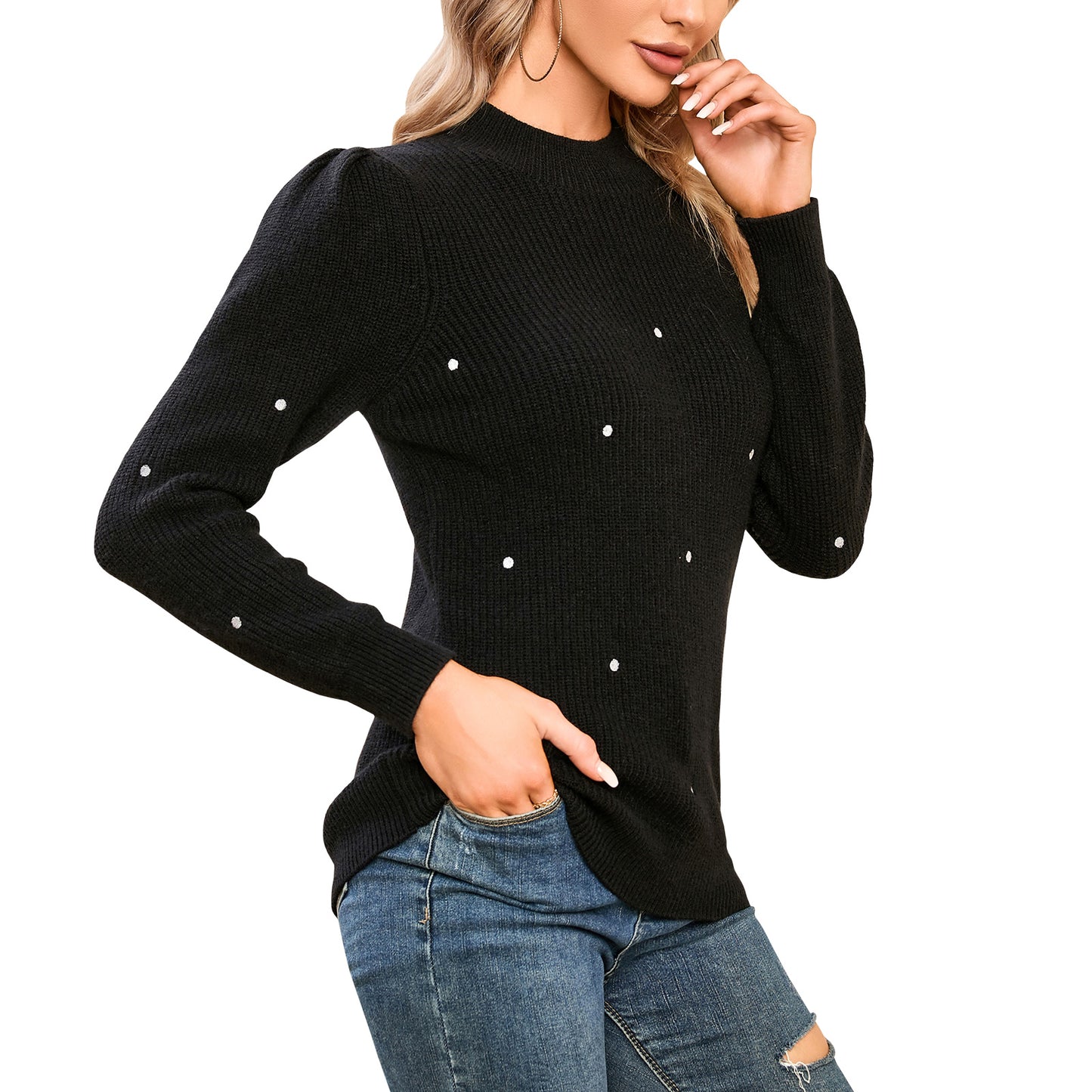 EXLURA Women’s Embroidered Polka Dot Pullover Sweater Mock Neck Long Sleeve Tops Casual Trendy Dressy Tops Jumpers