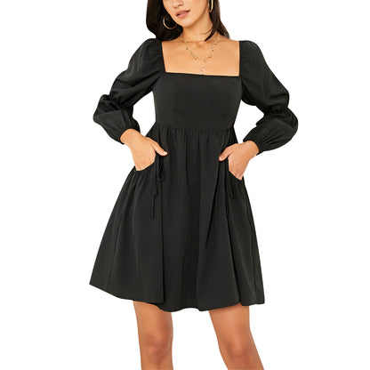 Exlura Women’s Casual Mini Dress with Pockets Square Neck Long Puff Sleeve Dress Empire Waist Boho Wedding Guest Dress