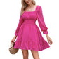 Exlura Women’s Swiss Dot Flowy Mini Dress Square Neck Long Lantern Sleeve Ruffle Dress Casual Cottagecore Boho Dress