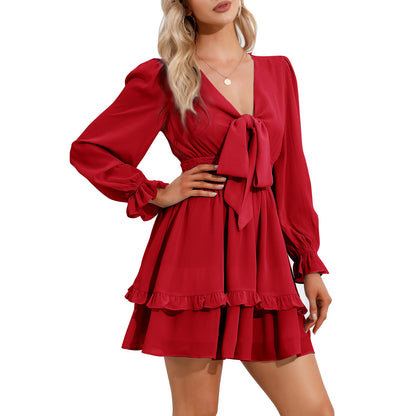 EXLURA Women Tie Front Elastic Waist Tiered Ruffle Layer Floral Balloon Long Sleeve V-Neck A-Line Mini Dress