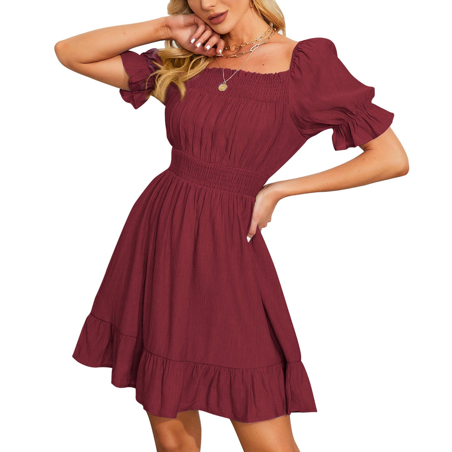 Exlura Women’s High Waist Square Neck Mini Dress Off Shoulder Smocked Puff Short Sleeve Summer Short Ruffle Dress