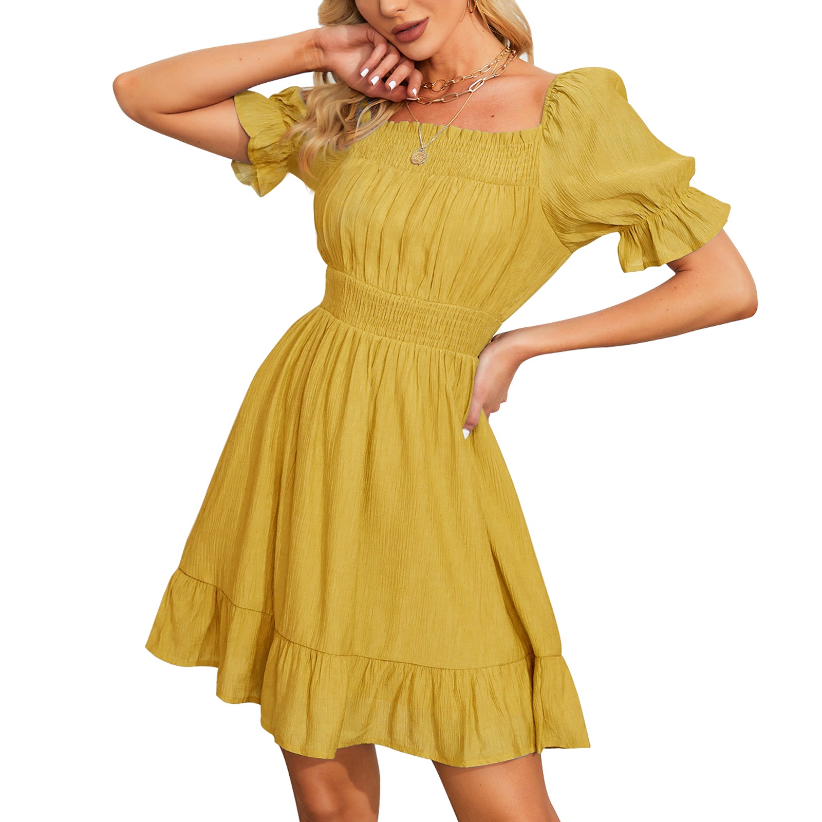 NECHOLOGY Womens Dresses Fall Dresses for Women Petite Women S Summer Dress  Ruffle Sleeve Neck High Waist Floral Womens Yellow Dress Blue X-Large 