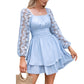 KRDR302EXLURA Women’s Lace Long Puff Sleeve Mini Dress Square Neck Backless Short Swing Party Dress Tie Back Bridesmaid Wedding Guest Dresses