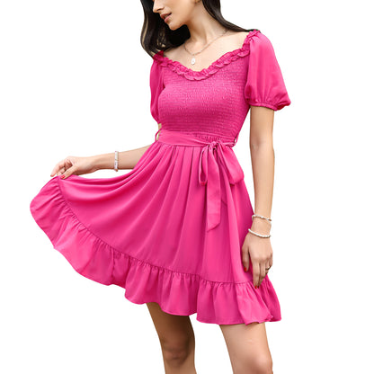 Exlura Women’s Sweetheart Neckline Ruffle Dress Smocked Belted Short Puff Sleeve Tie Waist Mini Dress Sundress