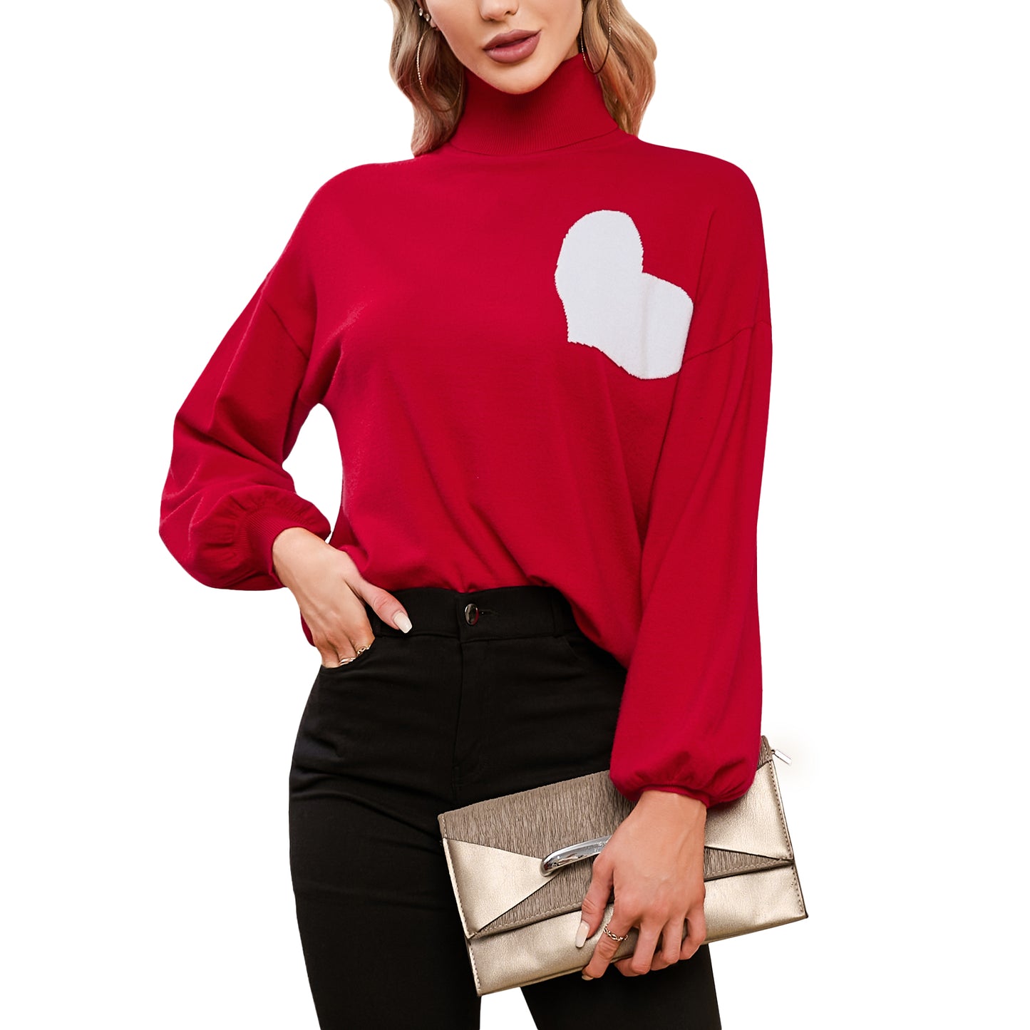 EXLURA Women’s Heart Chunky Pullover Sweater Turtleneck Knit Long Puff Sleeve Jumpers Tops Casual Trendy