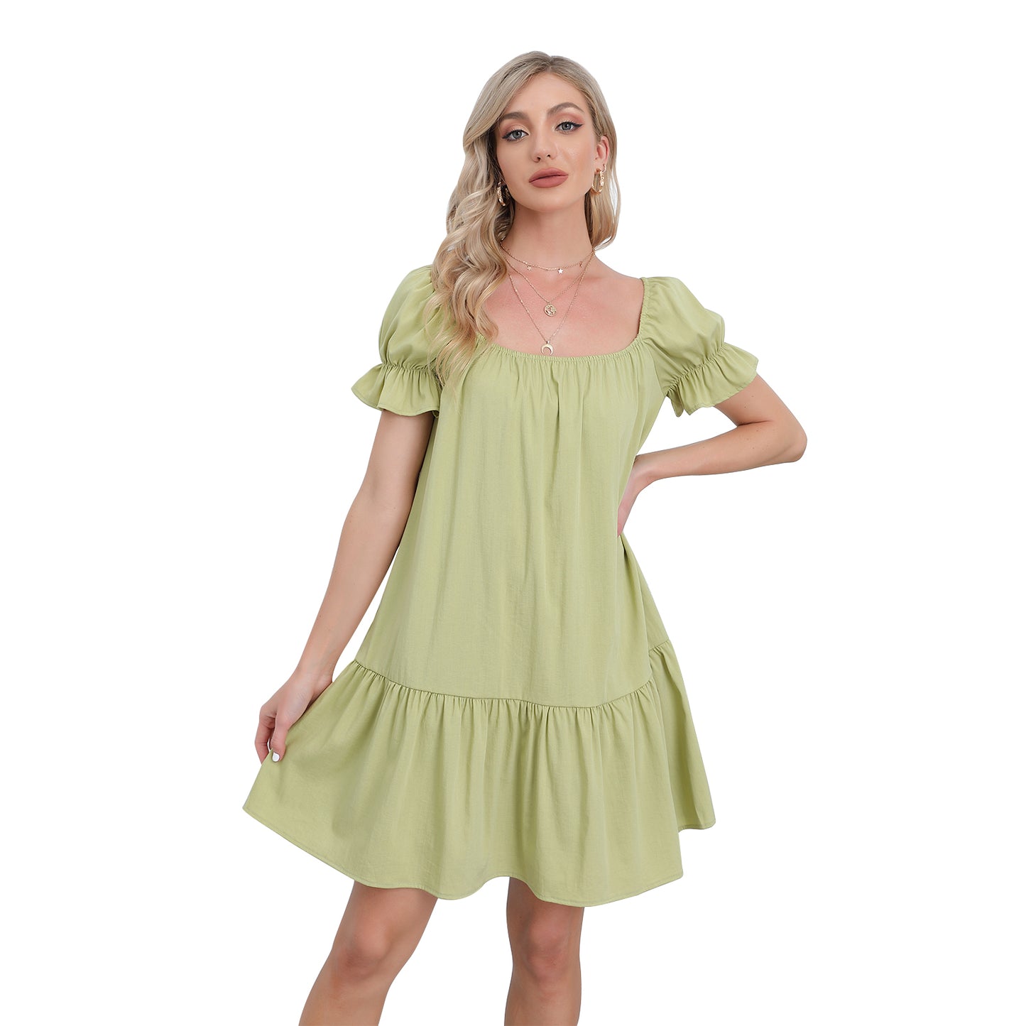 Exlura Women’s Square Neck Puff Short Sleeve Dress Off Shoulder Tiered Ruffle A-Line Babydoll Mini Party Dress