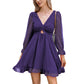 EXLURA Women’s Swiss Dot Flowy Mini Dress V Neck Long Puff Sleeve Tie Back Ruffle Dress Sexy Cottagecore Wedding Guest Dress