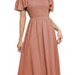 EXLURA Women's Summer Flowy Midi Dress - Square Neck Smocked Ruffle Short Sleeve Off The Shoulder Wedding Guest Dress