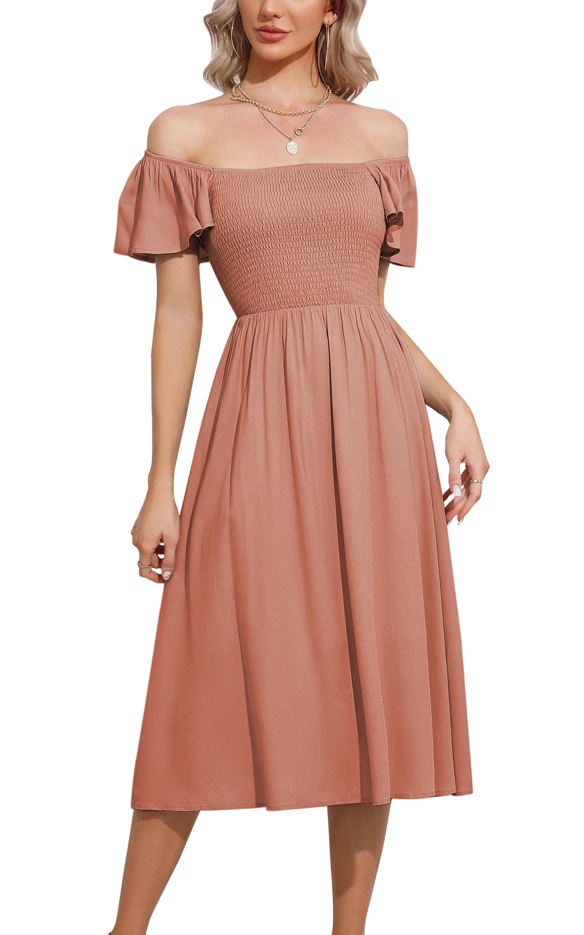 EXLURA Women's Summer Flowy Midi Dress - Square Neck Smocked Ruffle Short Sleeve Off The Shoulder Wedding Guest Dress