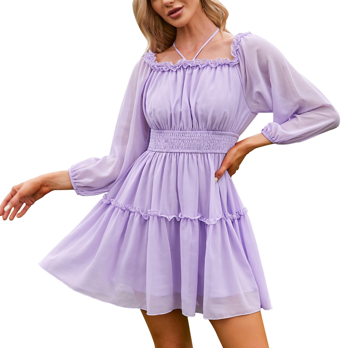 Byinns Women's Boho Mini Dress Sheer Off Shoulder Long Puff Sleeve Halter Dress Smocked Tiered Ruffle Cottagecore Dress