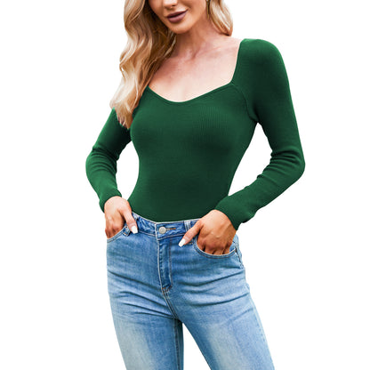 Exlura Women's Square Neck Ribbed Knitted Crop Sweater Long Sleeve Slim Fit Pullover Tops