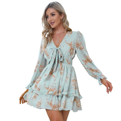 EXLURA Women Tie Front Elastic Waist Tiered Ruffle Layer Floral Balloon Long Sleeve V-Neck A-Line Mini Dress
