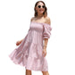 EXLURA Women's Back Tie Knot Square Neck Smocked Bust Puff Elbow Sleeve Ruffle Plaid Tiered Midi Dress