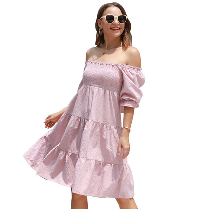 EXLURA Women's Back Tie Knot Square Neck Smocked Bust Puff Elbow Sleeve Ruffle Plaid Tiered Midi Dress