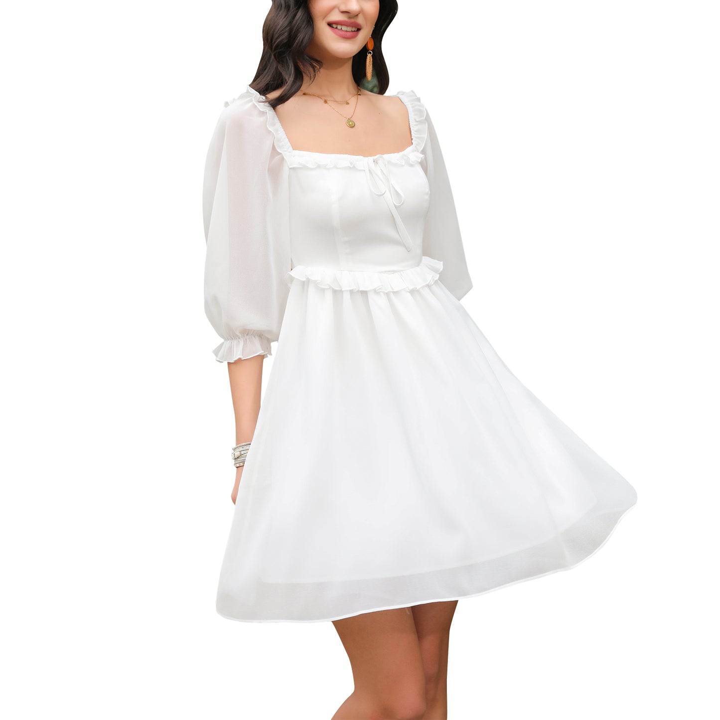 Exlura Women’s Off Shoulder Floral Ruffle Dress Sundress Tie Back Puff Sleeve Backless Square Neck Mini Summer Dress
