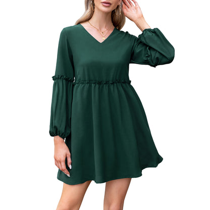 Exlura Women’s Casual Flowy Tunic Tshirt Dress V Neck Ruffle Long Puff Sleeve Dress Cocktail Party Mini Dress