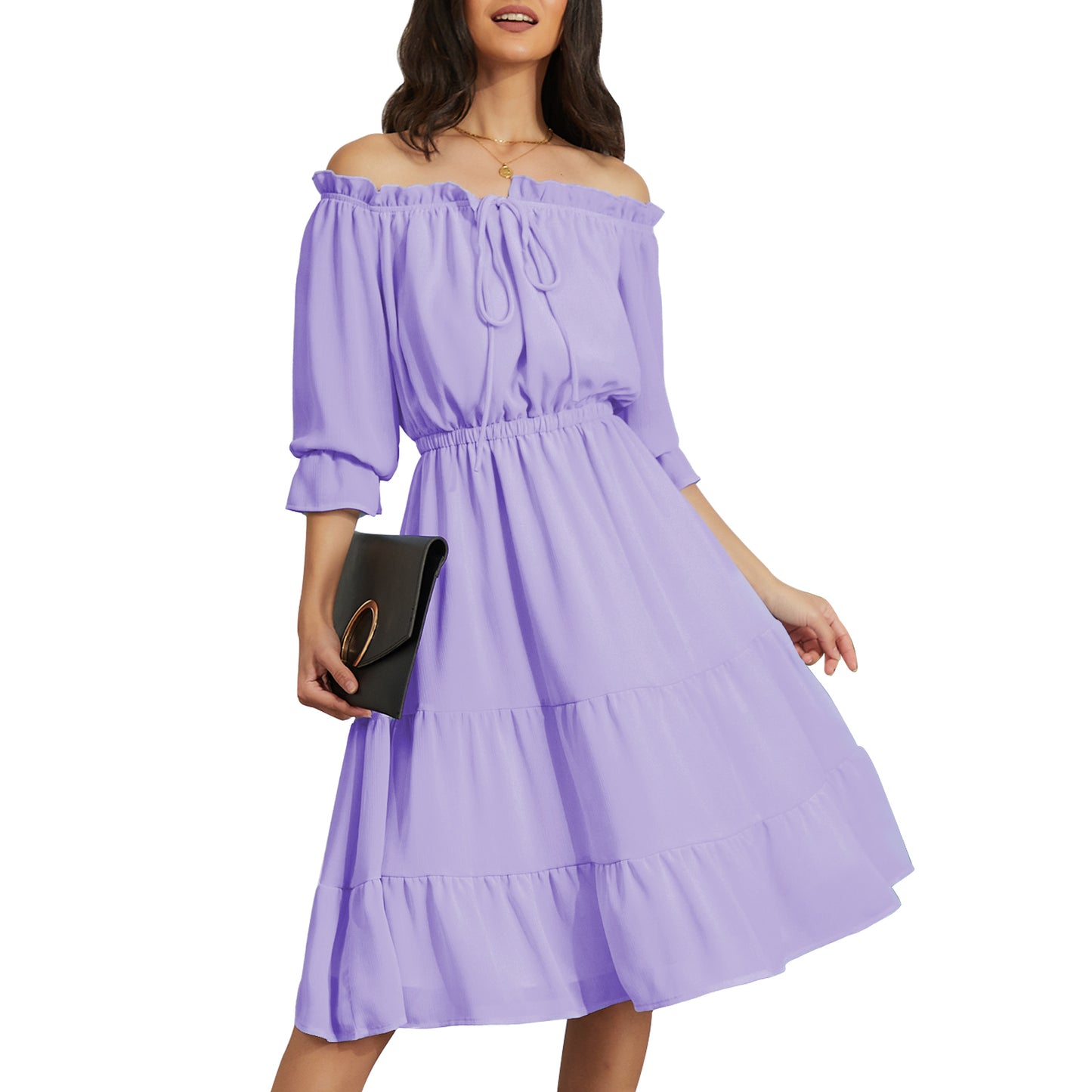 EXLURA Women’s Off Shoulder Long Dress Puff 3/4 Sleeve Tiered Tie Front Frill Hem Flowy Midi Dress Sundress