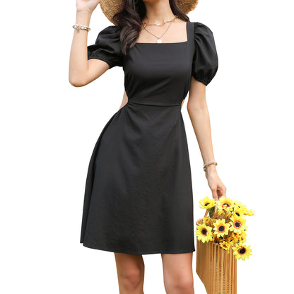 Exlura Women’s Backless Square Neck Party Dress Drawstring Tie Back Cut Out Puff Short Sleeve Club Mini Dress