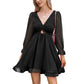 EXLURA Women’s Swiss Dot Flowy Mini Dress V Neck Long Puff Sleeve Tie Back Ruffle Dress Sexy Cottagecore Wedding Guest Dress