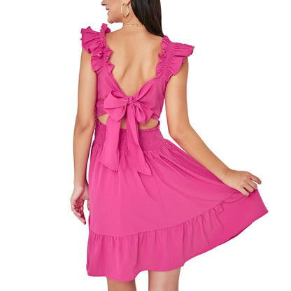 EXLURA Women's Square Neck Tie Back Ruffle Strappy Ruched Short Mini Dress Smocked Backless Tank Sleeveless Sundress Dress