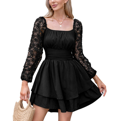 KRDR302EXLURA Women’s Lace Long Puff Sleeve Mini Dress Square Neck Backless Short Swing Party Dress Tie Back Bridesmaid Wedding Guest Dresses