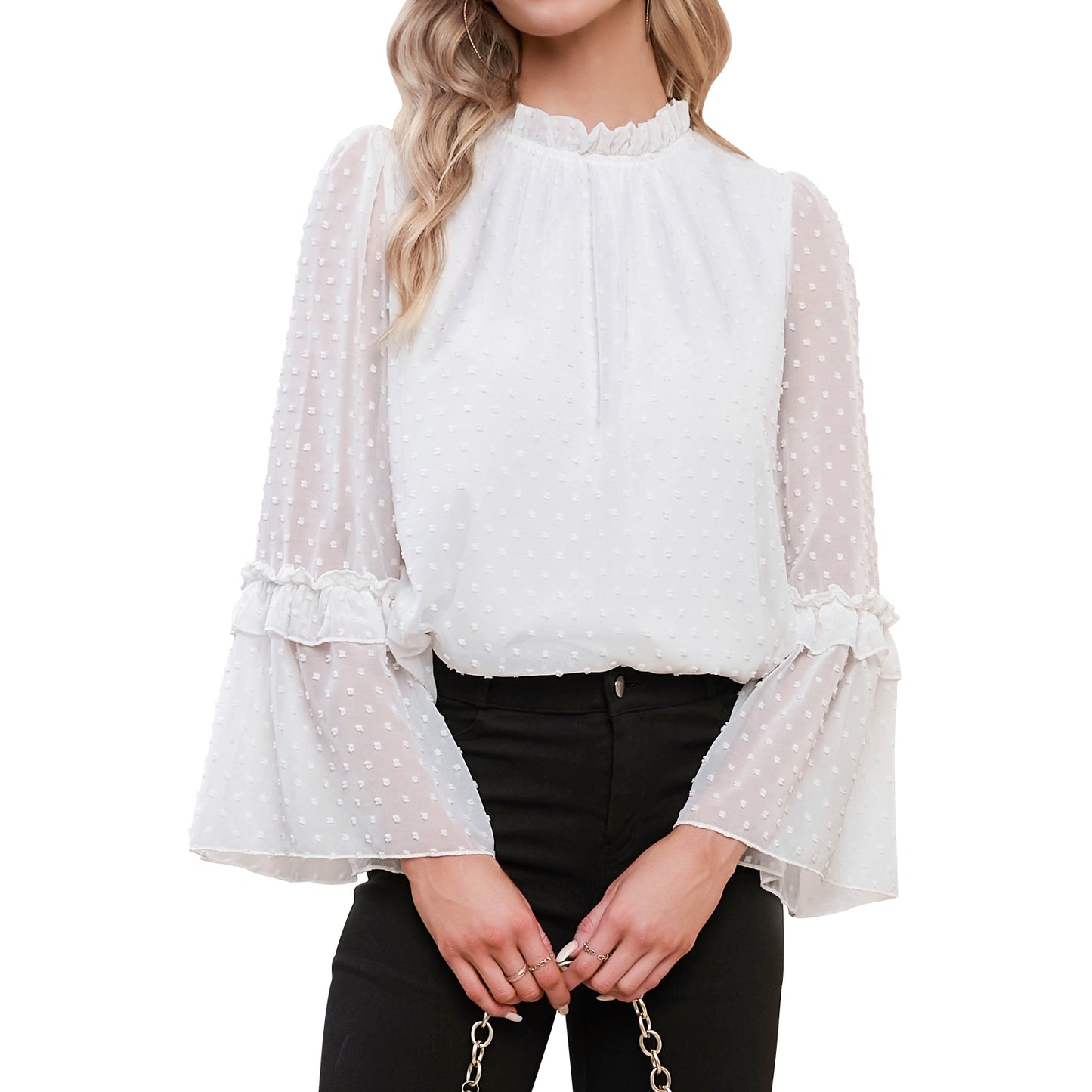 EXLURA Women’s Swiss Dot Long Bell Sleeve Tops Shirts Ruffle Mock Neck Blouses Flowy Chiffon Dressy Tops