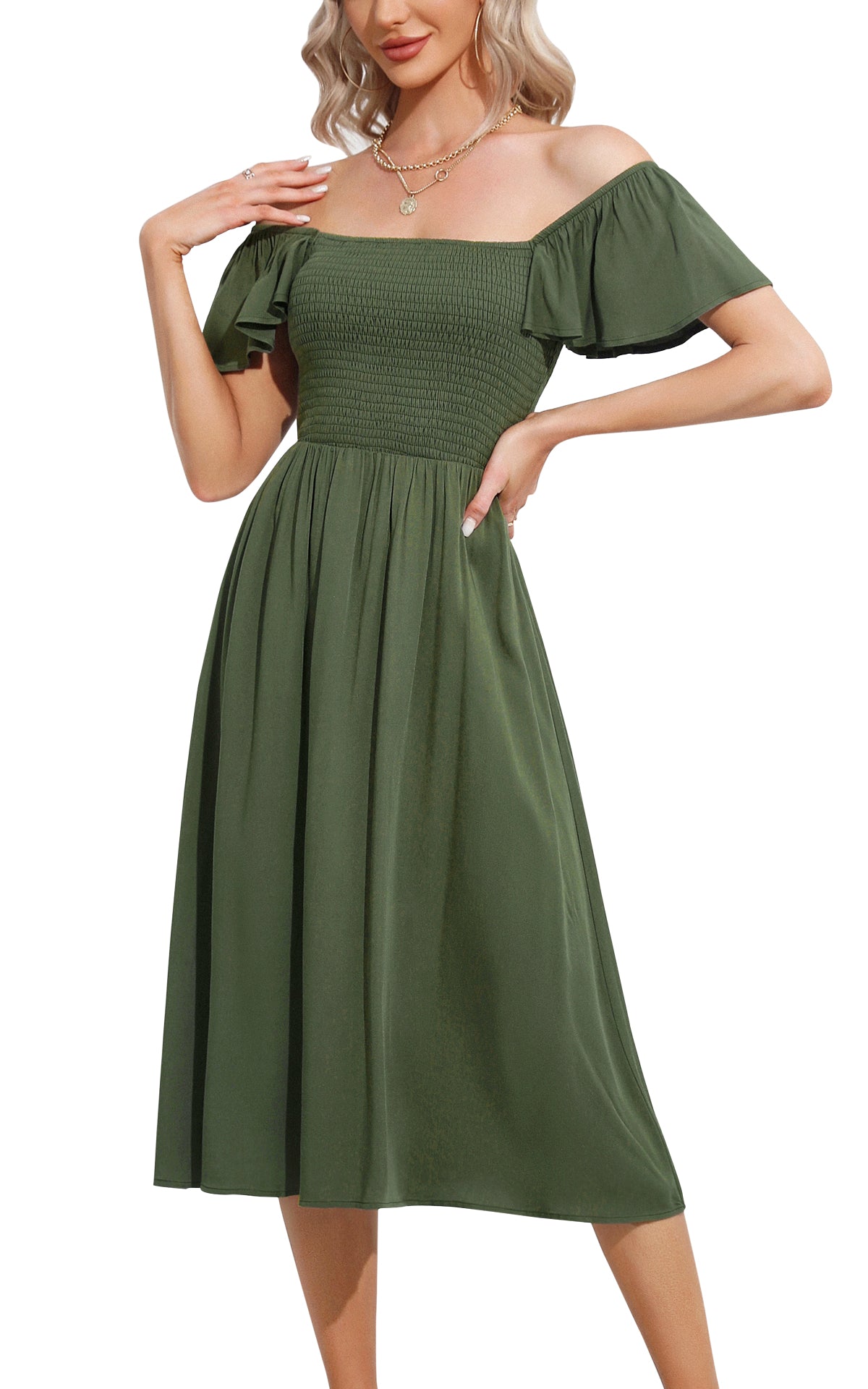 EXLURA Women's Summer Flowy Midi Dress - Square Neck Smocked Ruffle Short Sleeve Off The Shoulder Wedding Guest Dress