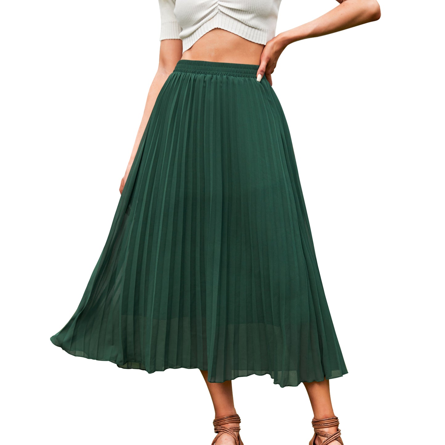 EXLURA Women's Floral Printed Chiffon Elastic High Waist Pleated Long Maxi Skirt