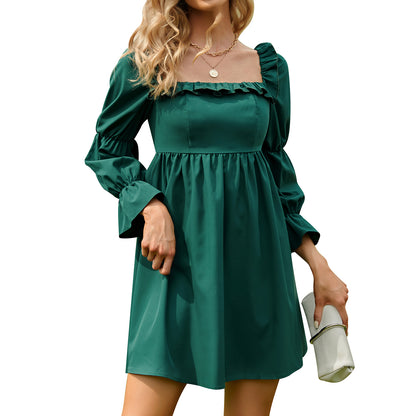 Exlura Women’s Bridal Shower Wedding Guest  Dress Square Neck Long Sleeve Ruffle Dress Backless Tie Back Swing Dress Mini Short Dresses
