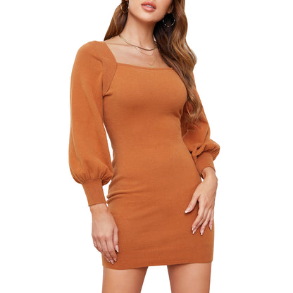 EXLURA Women’s Bodycon Pullover Sweater Dress Knit Backless Square Neck Long Lantern Sleeve Dress Sexy Mini Party Dress