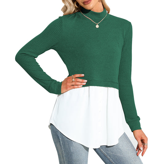 EXLURA Women's Patchwork Shirt Office Shirt Ribbed Sleeve Button Down Shirt Hem 2 in 1 Pullover Blouse Tops for Work