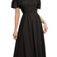 EXLURA Women's Summer Flowy Midi Dress - Square Neck Smocked Ruffle Short Sleeve Off The Shoulder Wedding Guest Dress