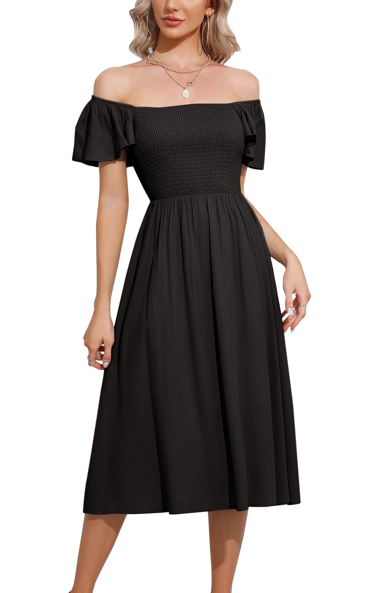 EXLURA Women's Summer Flowy Midi Dress - Square Neck Smocked Ruffle Short Sleeve Off The Shoulder Wedding Guest Dress