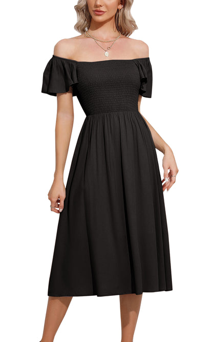 EXLURA Women's Summer Flowy Midi Dress - Square Neck Smocked Ruffle Short Sleeve Off The Shoulder Wedding Guest Dress