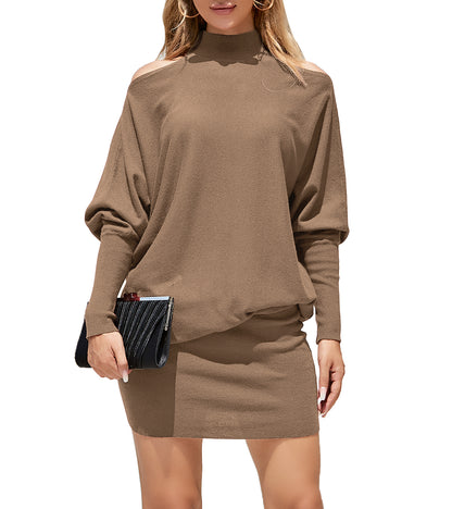 EXLURA Women's Cold Shoulder Knit Dress Mock Neck Batwing Sleeve Elegant Stretchy Mini Sweater Dress
