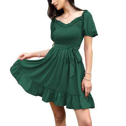 Exlura Women’s Sweetheart Neckline Ruffle Dress Smocked Belted Short Puff Sleeve Tie Waist Mini Dress Sundress