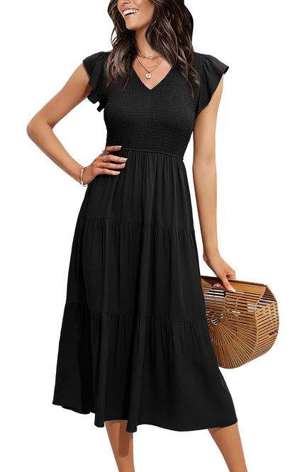 EXLURA Women's Summer Flowy Midi Dress - V Neck Smocked Ruffle Flutter Short Sleeve Boho Wedding Guest Dress