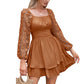 KRDR302EXLURA Women’s Lace Long Puff Sleeve Mini Dress Square Neck Backless Short Swing Party Dress Tie Back Bridesmaid Wedding Guest Dresses