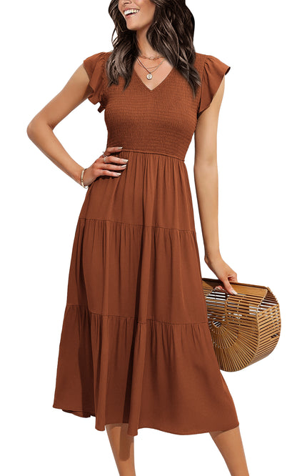 EXLURA Women's Summer Flowy Midi Dress - V Neck Smocked Ruffle Flutter Short Sleeve Boho Wedding Guest Dress