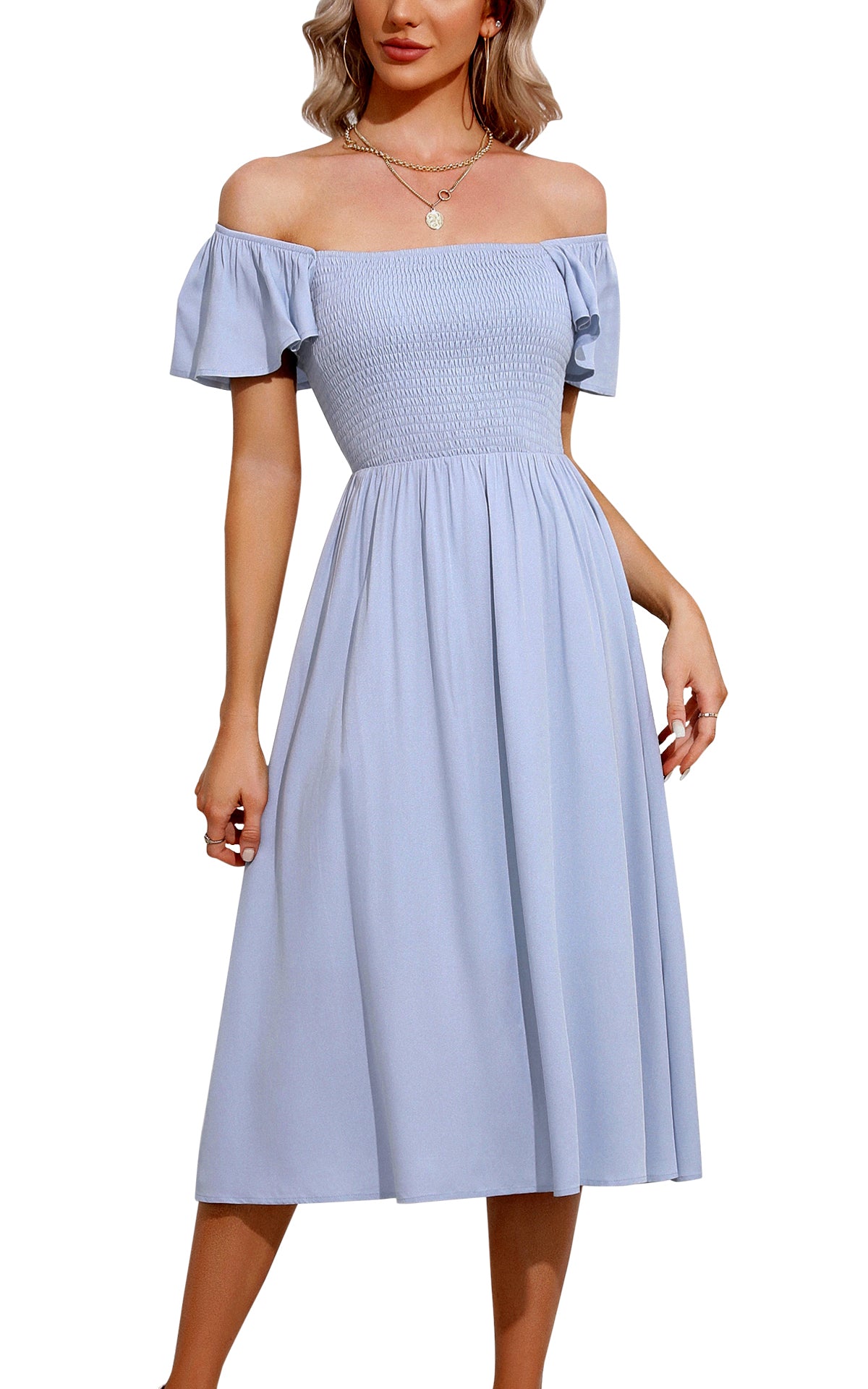 EXLURA Women's Summer Flowy Midi Dress - Square Neck Smocked Ruffle Short Sleeve Off The Shoulder Wedding Guest Dress