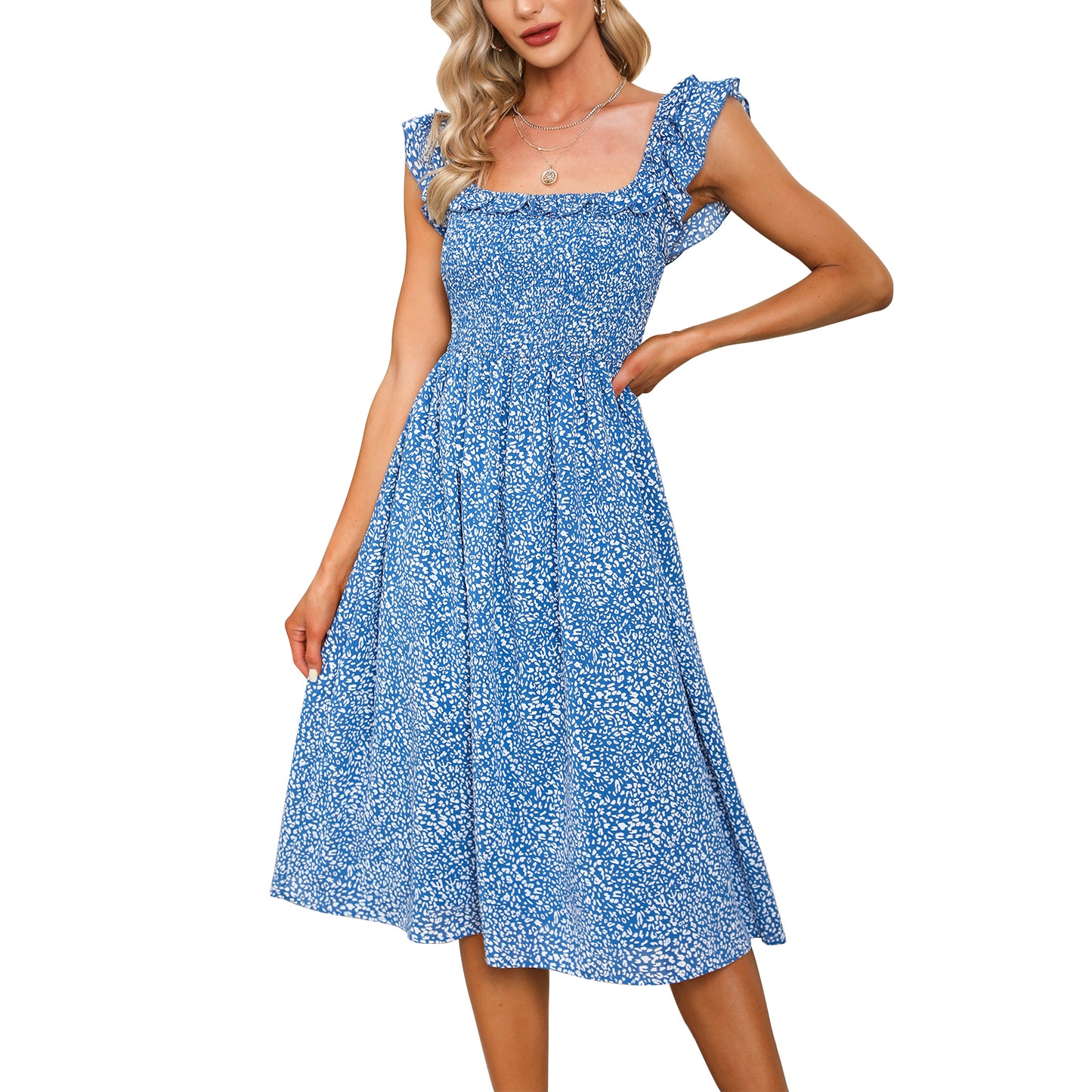 EXLURA Women's Sleeveless Dress Square Neck Floral Print High Waist A-line Ruffle Smocked Backless Midi Dress